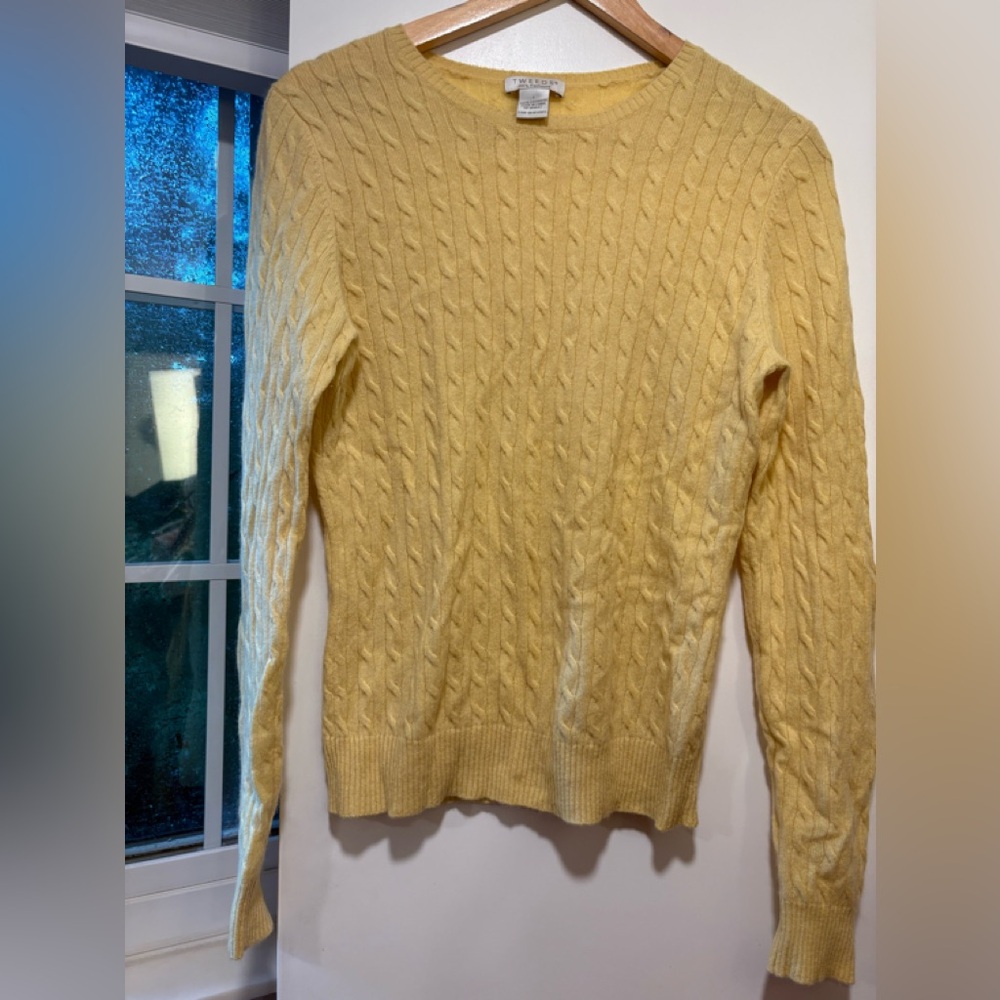 TWEEDS 100% Cashmere Cable Knit Sweater Yellow Size Large